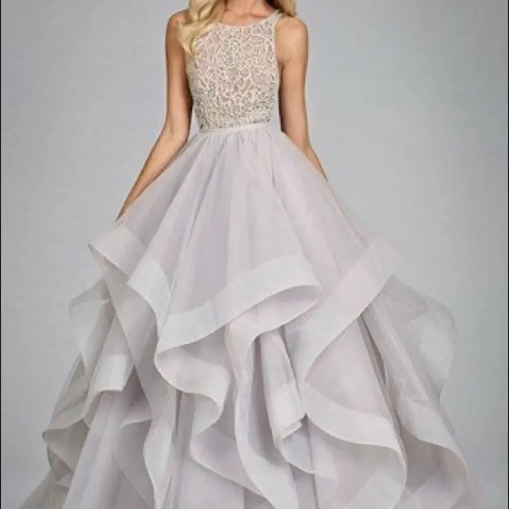 Hayley Paige Occasions Lace Bodice Layered Tulle Ball Gown in Light Gray